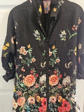 Johnny Was Black Shirt with Multicolor Embroidered Label